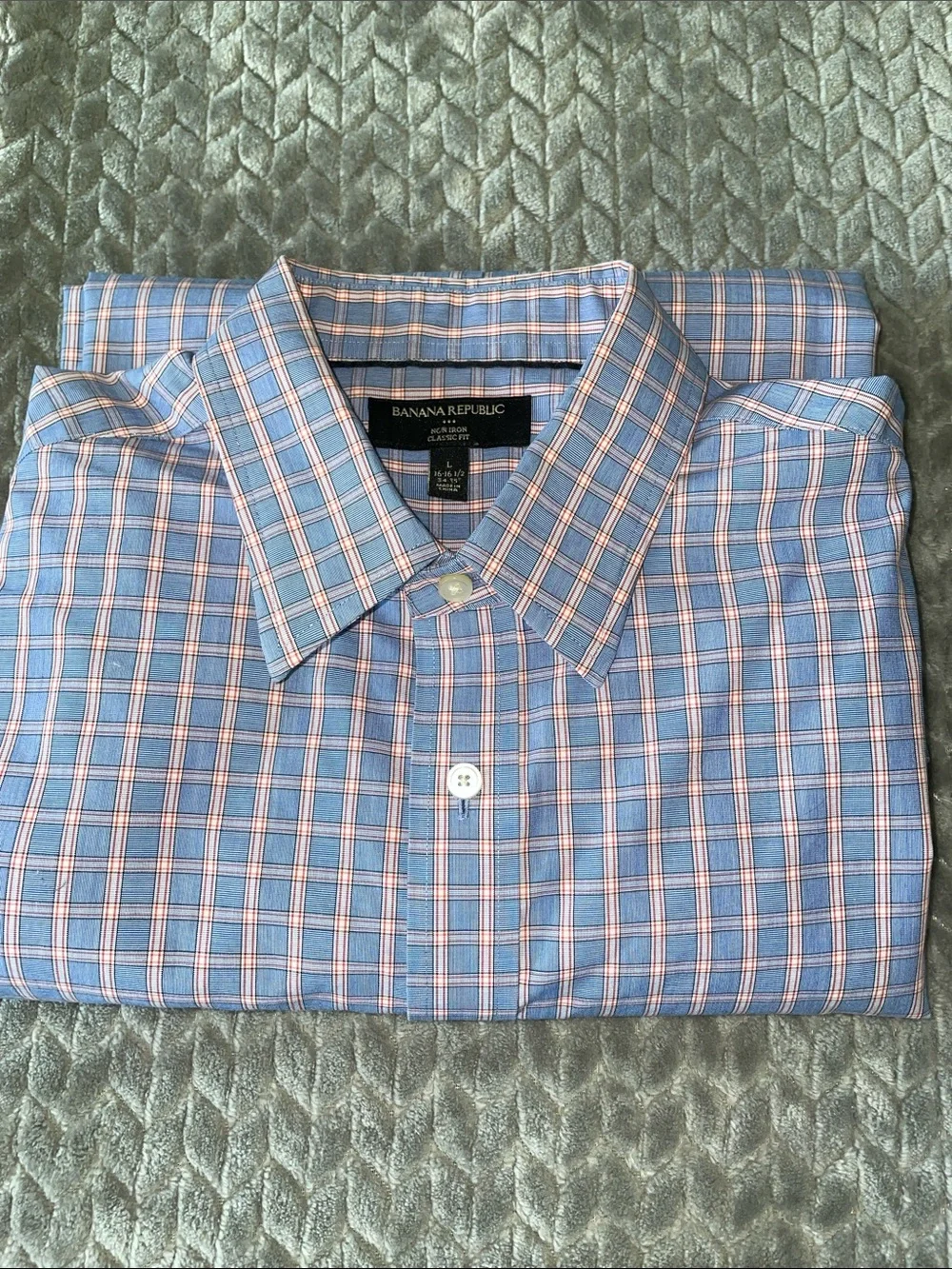 Banana Republic Men's Lg Blue Red Plaid No Iron Classic Fit Cotton Shirt 16-16.5